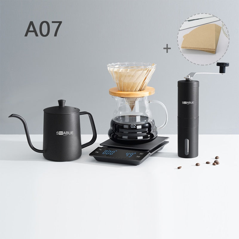 Ensemble de café maison 5 pièces : bouilloire de 500 ml, ensemble de filtres en verre, moulin, balance de précision et filtre.