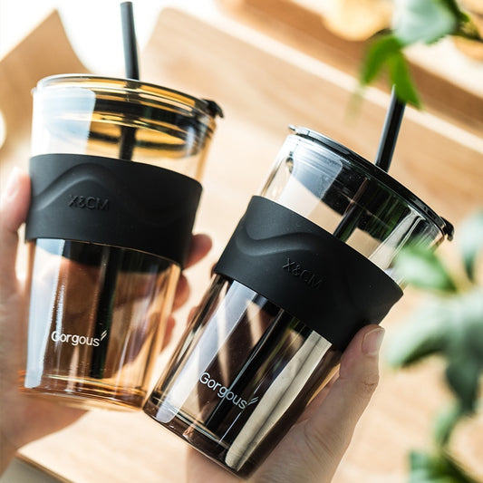 Heat-Resistant Coffee Glass With Lid & Straw - 450ML