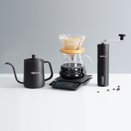 5 Piece Home Coffee Set: 500ml Kettle, Glas Filter Set, Grinder, Precision Scale & Filter.